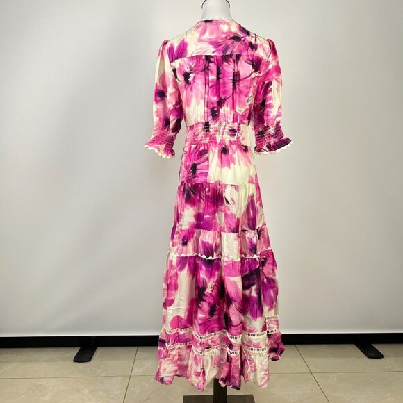 $598 NWOT JOHNNY WAS Jade Silk Blend Floral Ruffles Tiered Midi DRESS Size L - Picture 5 of 12